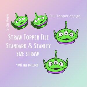 Op de afbeelding: Groene alien strohalm topper ontwerpen met drie ogen, een paarse kraag en een lachend gezicht. De afbeelding bevat de tekst "STRAW TOPPER FILE STANDARD & STANLEY SIZE STRAW" en "Full Topper design".
