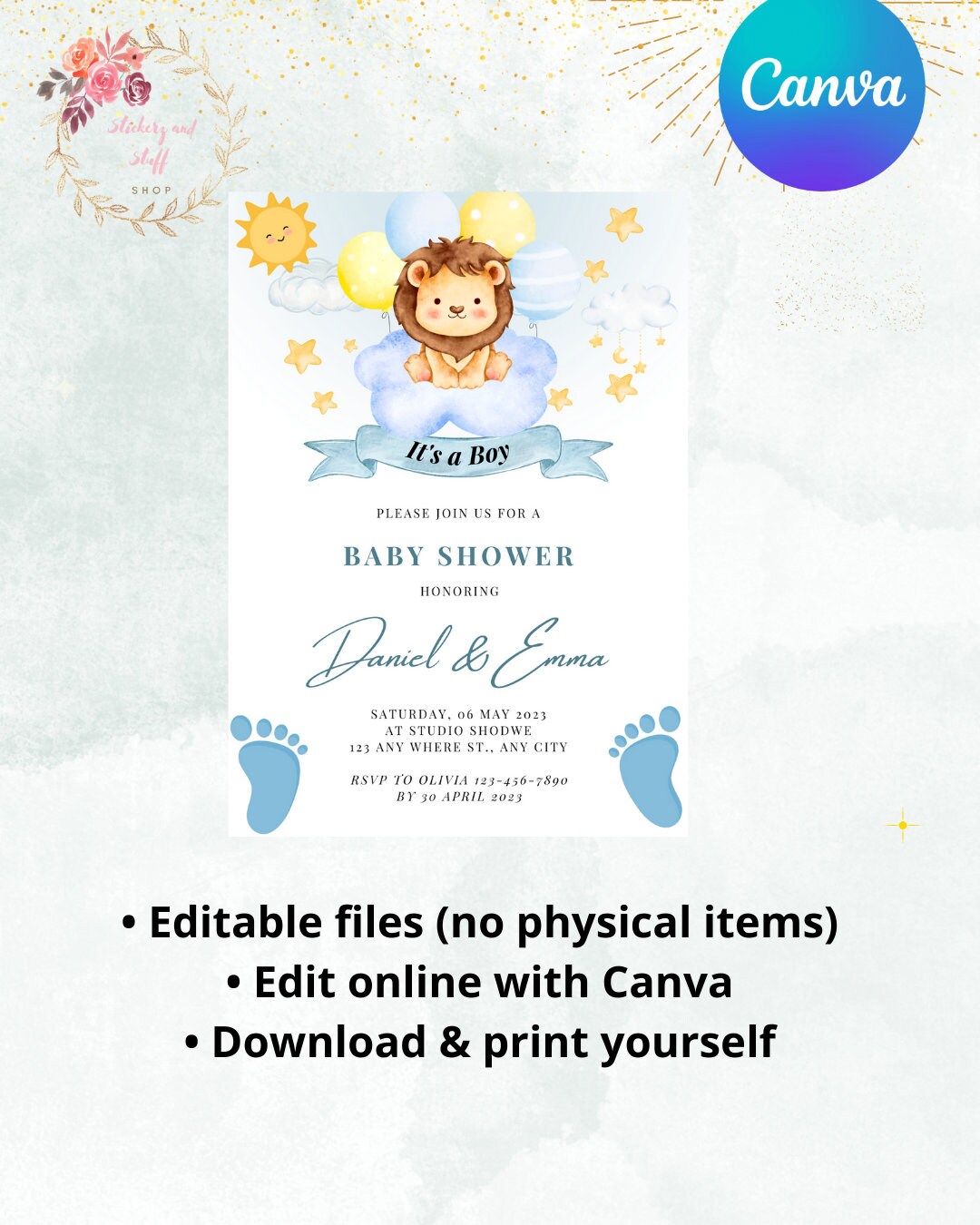 Editable Lion Baby Shower Invitation, Boy Baby Shower Invitation, Lion ...