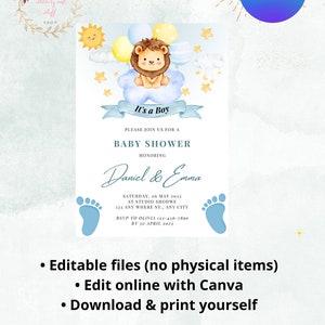 Faire-part de shower de bébé modifiable Lion, faire-part de shower de bébé garçon, invitations de shower de lion, modèle imprimable à télécharger
