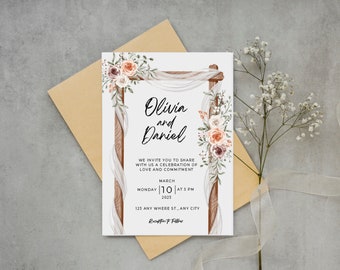 White Brown Rustic Floral Wedding Invitation, Editable & Printable, Instant Download