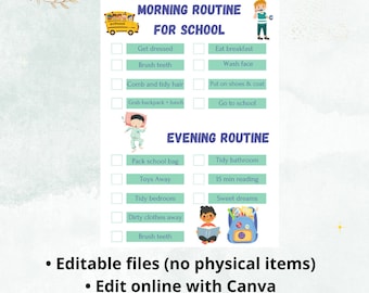 Calendrier de la liste de contrôle scolaire quotidienne pour les enfants imprimable, tableau de corvée modifiable, tableau des responsabilités de la routine quotidienne, planificateur d'école à la maison pour faire la liste