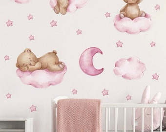 Adhesivo de pared con patrón de oso y nube para dormitorio infantil y guardería, adhesivo autoadhesivo de dibujos animados para decoración del hogar