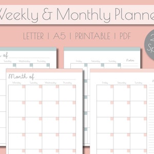 Planner | Monthly | Weekly | Schedule | Undated | Letter | A5 | Printable | PDF | Monday & Sunday Start | Work | School | Teachers | Simple