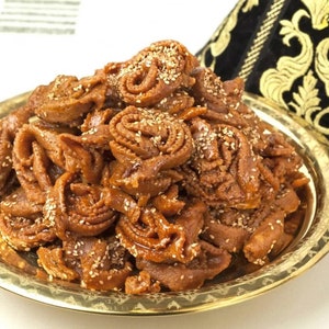 Moroccan Traditional Cookies; Chebakia with Almond & Honey. Natural Candy Nut Dessert. Delicious Arabic Dessert
