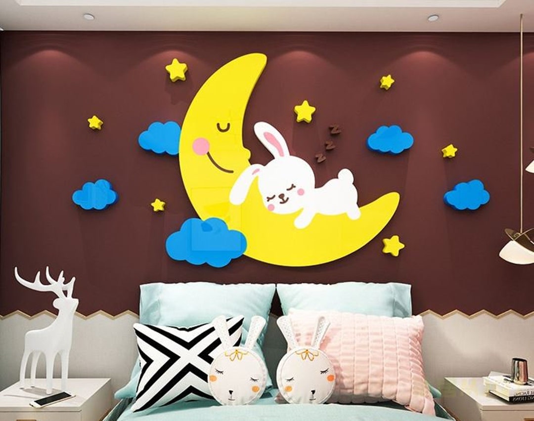 Bunny Rabbit Moon Cartoon Design 3D Wall Stickers DIY Wall Paper ...