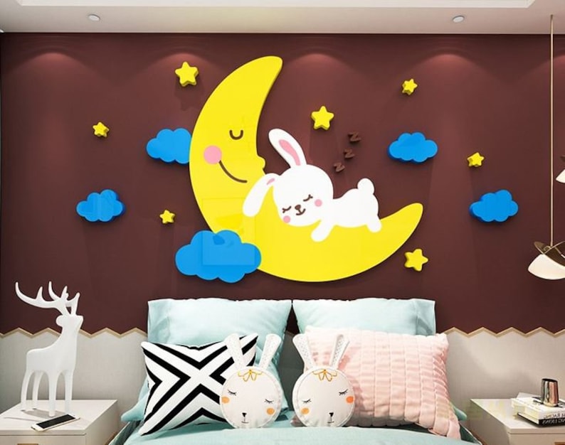 Bunny Rabbit Moon Cartoon Design 3D Wall Stickers DIY Wall | Etsy