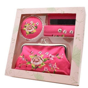Coin Purse Ensemble cadeau avec fleurs chinoises sur le thème de la couverture de rouge à lèvres et miroir de sac à main