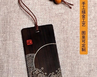 Chinese Sandalwood Bookmark In Chinese Art Bronzing Painting Design Suitable For Book Readers or as Gift or Decoration