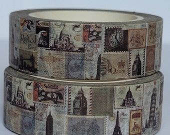Travel themed washi tape, Scrapbooking, 10m length/15 mm wide, Full roll