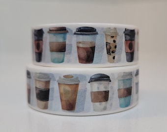 May include: Two rolls of washi tape featuring a repeating pattern of coffee cups in various colors and designs. The cups are drawn in a watercolor style.