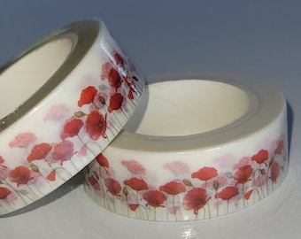 Red Poppy Washi tape, Scrapbooking, 10m length/15 mm wide, 1 Full roll