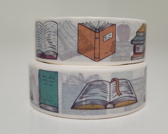 May include: Two rolls of washi tape with a book theme. The top roll features a stack of books, an open book, and an apple. The bottom roll features an open book and a stack of books with a teal spine.