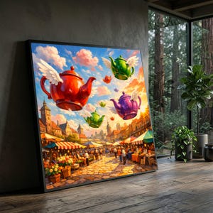 Può includere: Una stampa artistica incorniciata raffigura una scena stravagante di teiere volanti con le ali sopra un vivace mercato. Le teiere sono di vari colori, tra cui rosso, verde e viola, su uno sfondo di cielo nuvoloso e tramonto. Il mercato è affollato.