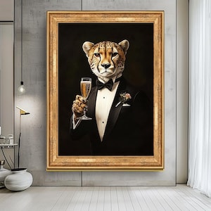 Guepardo con esmoquin: cuadro decorativo, sofisticado retrato animal, elegante lienzo de fauna salvaje, decoración de lujo para el hogar, arte mural moderno de gran tamaño