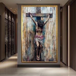 Stampa ad acquerello della Crocifissione di Gesù / Arte murale della Passione Cristiana / Opera d&#39;arte religiosa emozionante / Stampa su tela del Salvatore sulla Croce