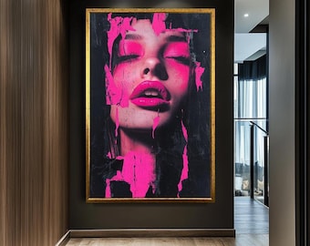Bold Pink Black Woman Portrait Canvas, Edgy Abstract Female Face Pop Art