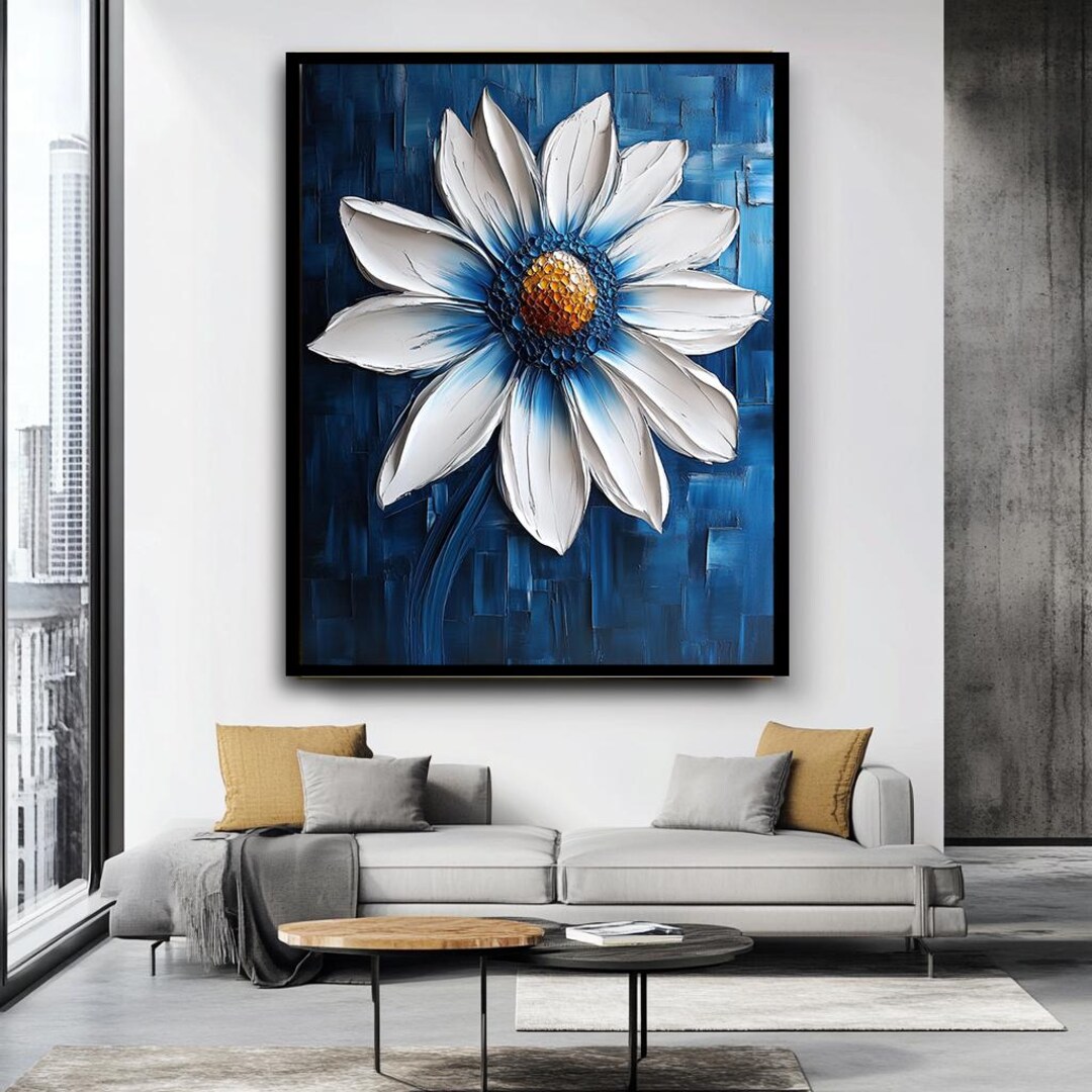 Modern Daisy Flower Wall Art, Blue and White Floral Canvas, Textured ...