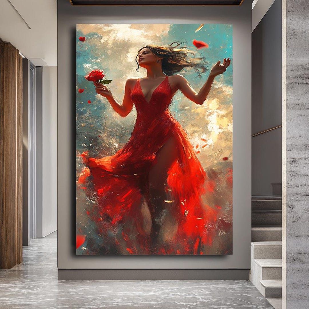 Passionate Woman in Red Dress Wall Art, Elegant Romantic Canvas Print ...