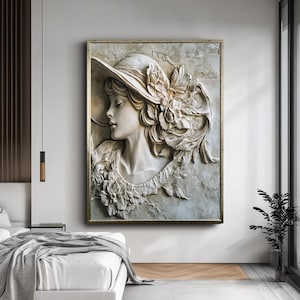 Elegant Lady Wall Art, 3D Sculptural Canvas, Vintage Woman in Hat Decor, Romantic Embossed Art for Living Room or Bedroom, Victorian Style