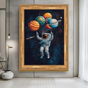 Astronaut with Planets Canvas Print, Space-Themed Wall Art, Surreal Galaxy Decor, Outer Space Artwork, Large Cosmic Art for Home