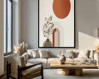 Puede incluir: Impresión artística abstracta con un sol terracota, un jarrón con ramas frondosas y formas arqueadas en tonos neutros. La obra de arte está enmarcada en negro y cuelga de una pared neutra.