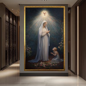 聖母マリアと幼子の絵画 – 霊的な聖母マリアと少女のキャンバス – 神の光カトリック壁装飾 – 天使の祝福のプリント