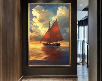 Könnte beinhalten: Gerahmtes Gemälde eines Segelbootes mit rotem Segel auf dem Wasser bei Sonnenuntergang. Der Himmel ist voller Wolken und das Gemälde hat einen goldenen Rahmen. Das Kunstwerk wird in einem Flur ausgestellt.
