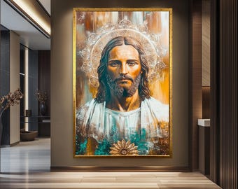 Sacred Heart of Jesus Canvas Art | Spiritual Christian Wall Decor | Gold & Teal Religious Print | Inspirational Jesus Portrait