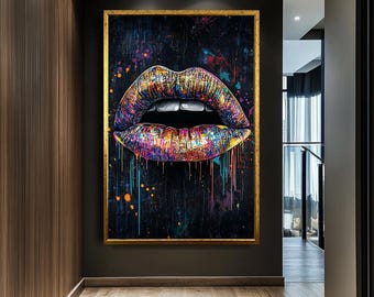 Colorful Lips Pop Art Canvas, Vibrant Dripping Paint Lip Art, Bold Contemporary Wall Decor, Edgy Modern Artwork for Living Room or Office