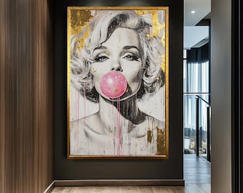 Chique Marilyn Monroe Bubblegum-kunstprint, glamoureus pop-artcanvas, bladgoud en roze muurdecor, stijlvol kunstwerk van beroemdheden voor woonkamer