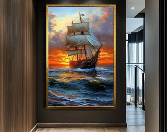 夕日の海を描いたキャンバスアート – 雄大な帆船の航海をテーマにした