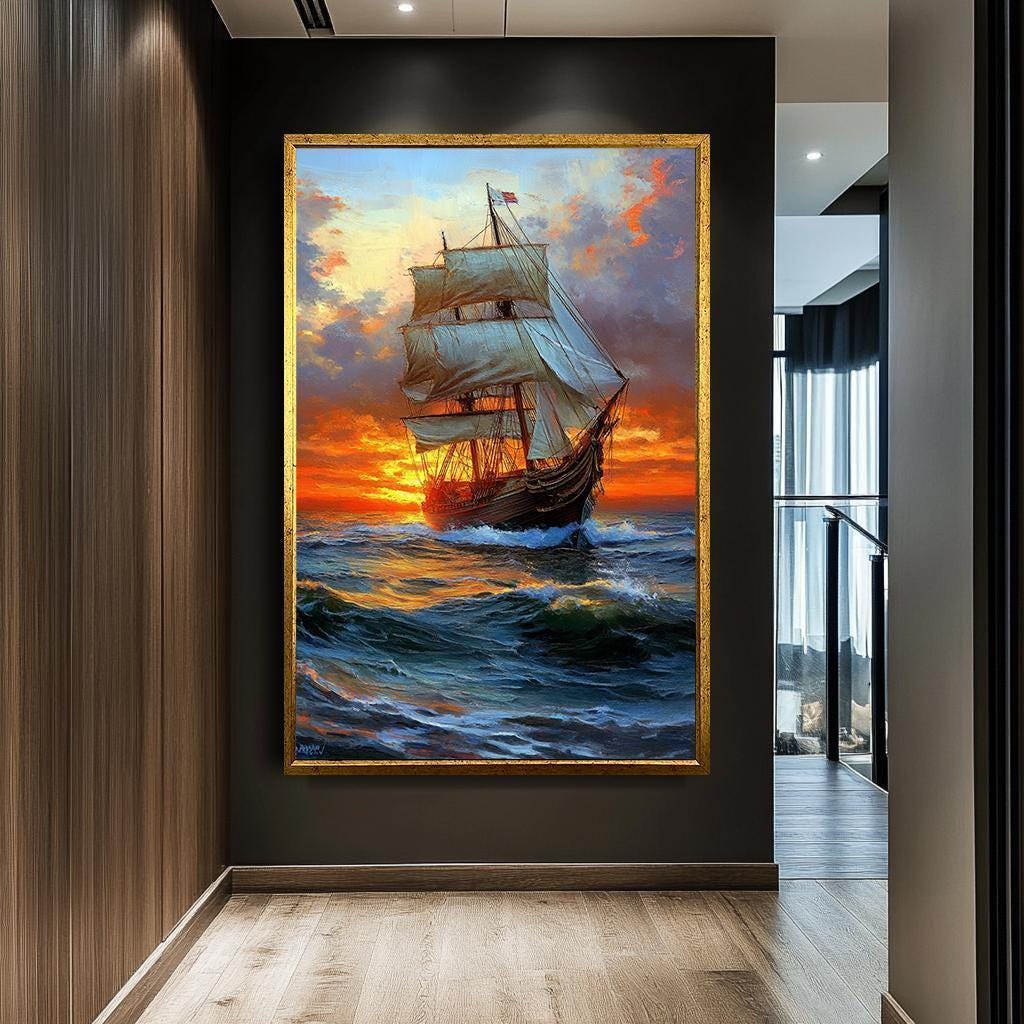 夕日の海を描いたキャンバスアート – 雄大な帆船の航海をテーマにした