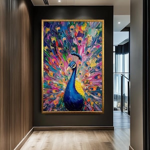 Vibrant Peacock Canvas Print, Colorful Textured Wall Art, Bold and Majestic Animal Painting for Living Room, Modern Wildlife Decor