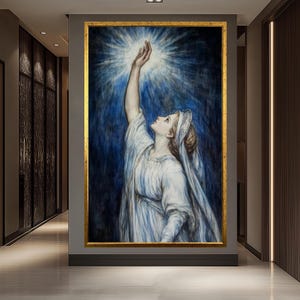 Mystical Virgin Mary Art - Divine Calling Canvas Art – Woman Reaching Light – Spiritual Awakening Wall Decor – Celestial Blue Painting