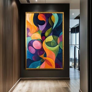 Abstracte kleurrijke muurkunst, canvas met gedurfde geometrische vormen, levendige moderne kunst, hedendaagse abstracte schilderkunst, dynamisch kunstwerk voor thuis