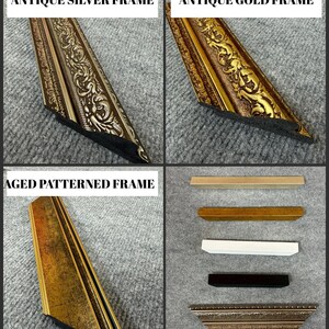 The image is a collage of four photographs showcasing different types of antique framed picture frames, including a silver frame, a gold frame, an aged patterned frame, and a gold frame.
