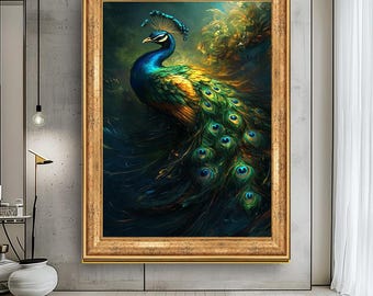 Majestic Peacock Wall Art, Vibrant Feathered Canvas Print, Luxurious Peacock Painting, Elegant Nature Artwork, Exotic Bird Decor for Home
