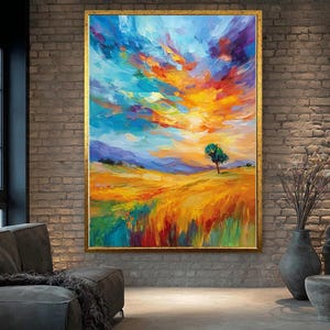 Colorful Landscape Canvas Wall Art – Vibrant Sunset Sky over Field with Lone Tree, Modern Impressionist Painting for Home Decor