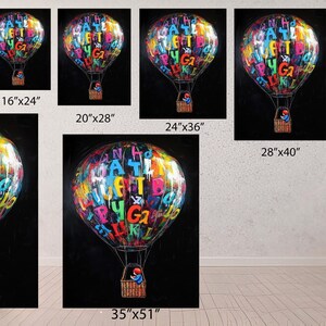 a collection of colorful hot air balloons floating in the sky, each with a unique design and size. The balloons are arranged in a grid-like pattern, with each balloon occupying a specific position in the image. The balloons are accompanied by text that provides the dimensions of each balloon, ranging from 14"x20" to 35"x51".