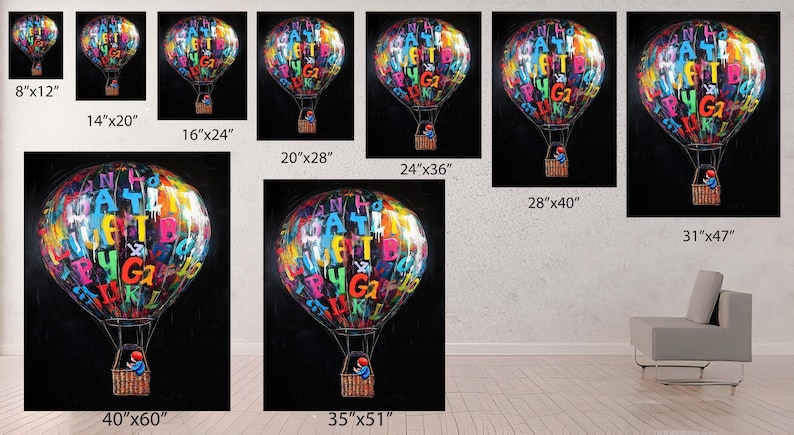 a collection of colorful hot air balloons floating in the sky, each with a unique design and size. The balloons are arranged in a grid-like pattern, with each balloon occupying a specific position in the image. The balloons are accompanied by text that provides the dimensions of each balloon, ranging from 14"x20" to 35"x51".