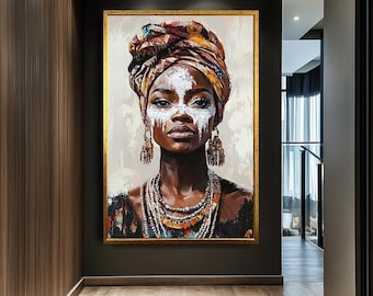 African Woman Portrait Canvas Art, Bold Tribal Expression, Vibrant Ethnic Decor