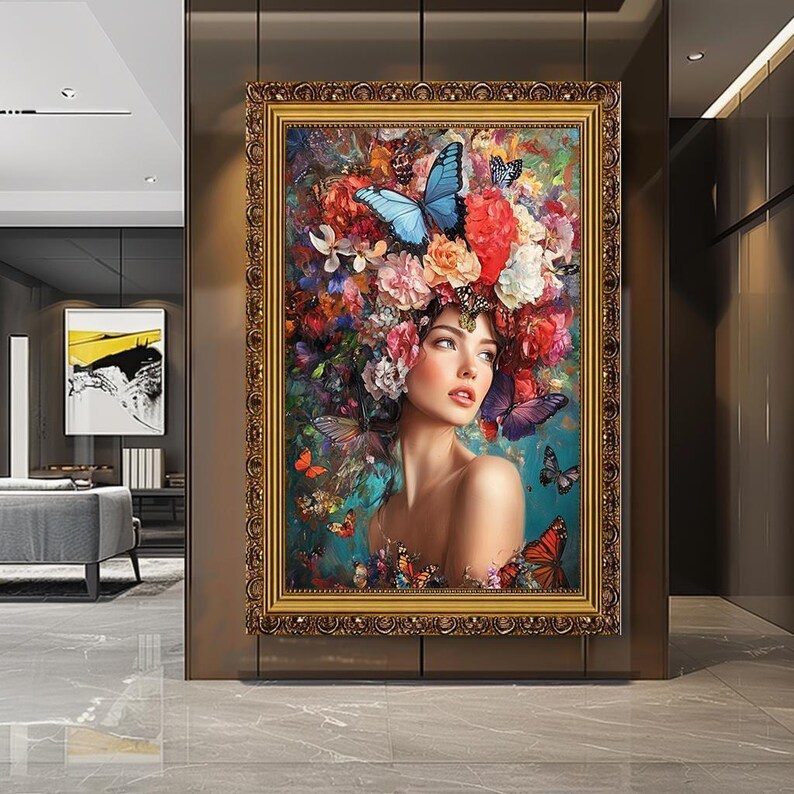 Floral Butterfly Woman Portrait Art, Colorful Nature-inspired Canvas ...