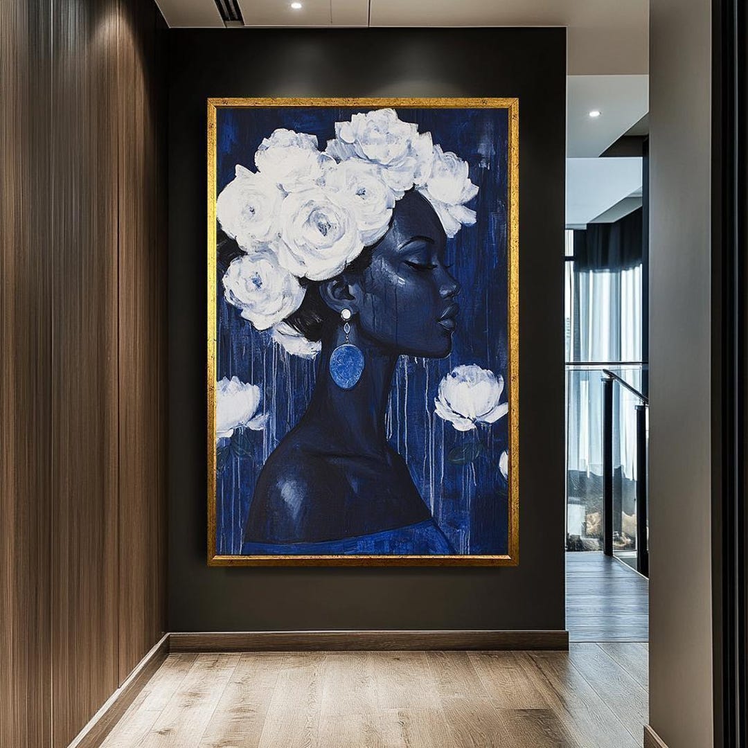 Elegant Blue Woman Portrait Canvas With White Roses, Modern Floral Art ...