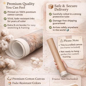 The image is a promotional poster for rolled canvas products, highlighting their premium quality, safety, and secure delivery. It features images of rolled canvas tubes, a rolled canvas tube, and a rolled canvas tube with a frame included, along with text descriptions of the features and benefits of the premium canvas version.