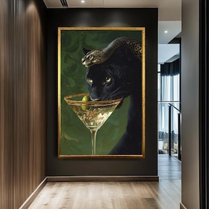 Elegant Black Panther and Snake with Martini Canvas Art | Exotic Wildlife Wall Decor | Luxurious Animal Portrait | Dark Green Treasure Print