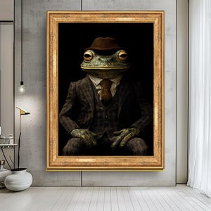 Lustiger Frosch im Anzug Wandbild – Humorvoller Frosch mit Frosch im Vintage-Stil