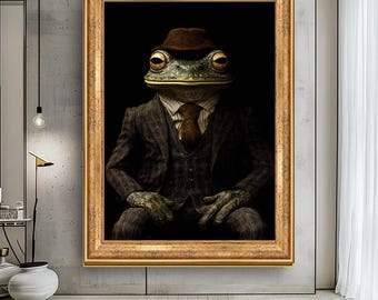 Quirky Frog in Suit Wall Art – Humorous Anthropomorphic Frog Canvas Print, Vintage Style – Unique Animal Portrait, Fun Home Decor