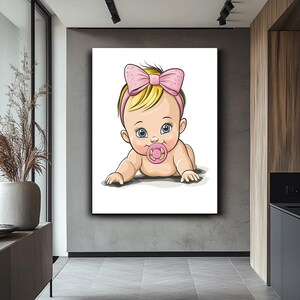 Adorable Baby Girl Art Print, Cute Nursery Wall Decor, Baby with Pink Bow and Pacifier, Sweet Cartoon Baby Illustration for Kids’ Room