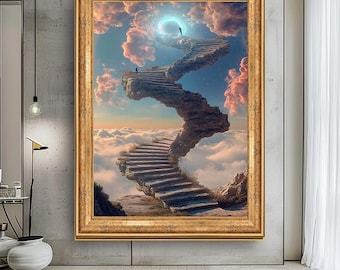 Stairway to Heaven Wall Art, Surreal Fantasy Canvas Print, Dreamy Sky Stairs Artwork, Mystical Cloud Landscape Decor, Unique Wall Decor