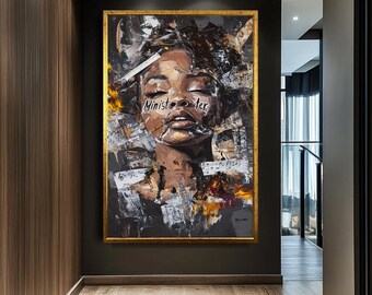 Abstracte afrocentrische vrouw canvaskunst, gemengde techniek vrouwelijk portret, gedurfde moderne expressie, zwarte kunst